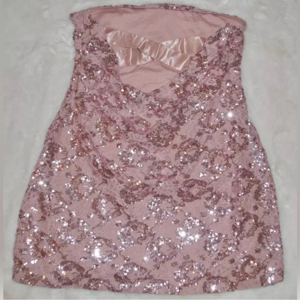 FREE PEOPLE Night Gaze Strapless Sequin Lace Mini Dress Blush Pink XL NWT
